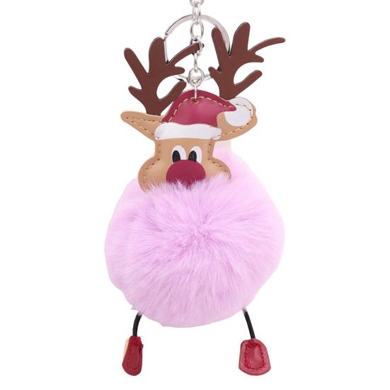 Christmas Deer Keychain Cute Reindeer Pom Pom Keyring Faux Fur Fluffy Plush Ball Charm for Handbag Backpack Purse Accessory