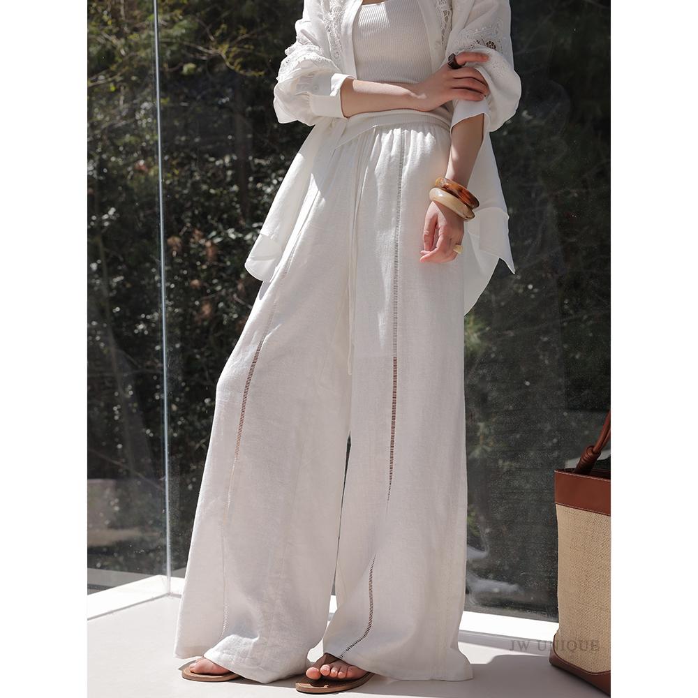 

Women s Off-White Linen Hollow Wide-Leg Floor-Length Pants - 2026 Summer Collection Small грязно-белый
