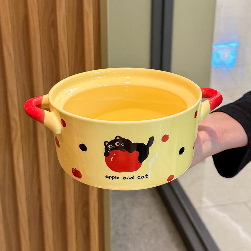 

High-value Apple Cat Instant Noodle Bowl with Cover Dormitory Student Ceramic Snail Powder Bowl Special Bowl Big Bowl Soup Bowl no specifications