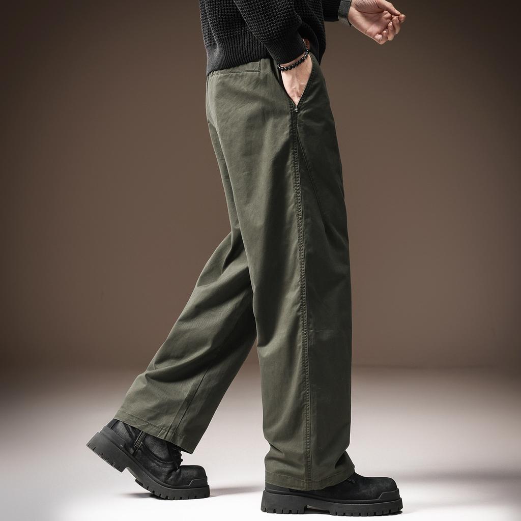 High-end Japanese retro pure cotton men's casual pants autumn new solid color simple loose straight wide-leg trousers men