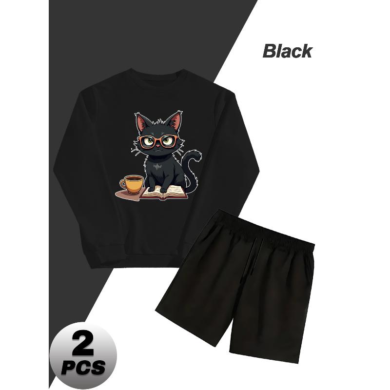 2 Piece Men s Crew Neck Polyester Sweatshirt and Shorts Comfy Gym Lounge Outfit S