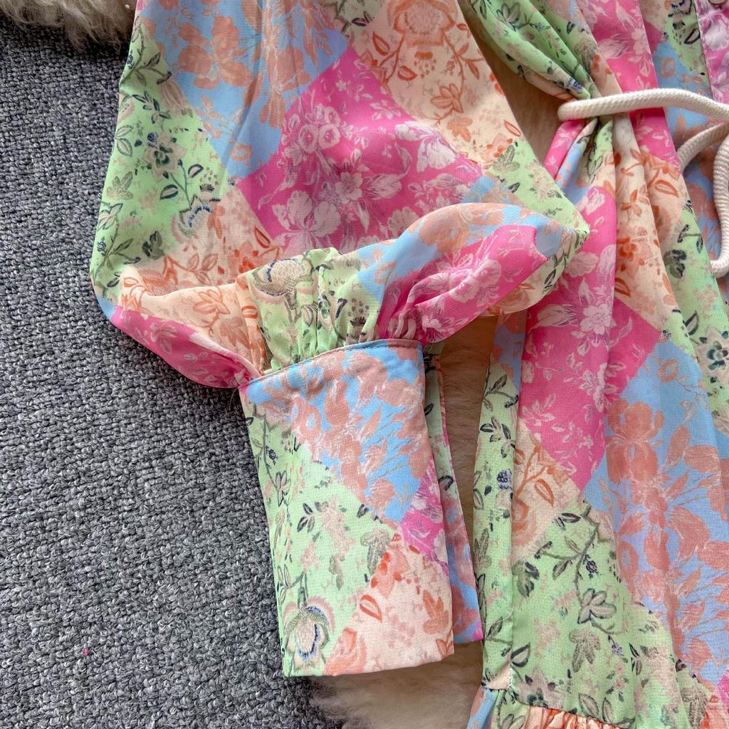 Women's Chiffon Print Dress: Stand Collar, Long Sleeve, Tie-Waist, Perfect for Spring & Autumn Vacations