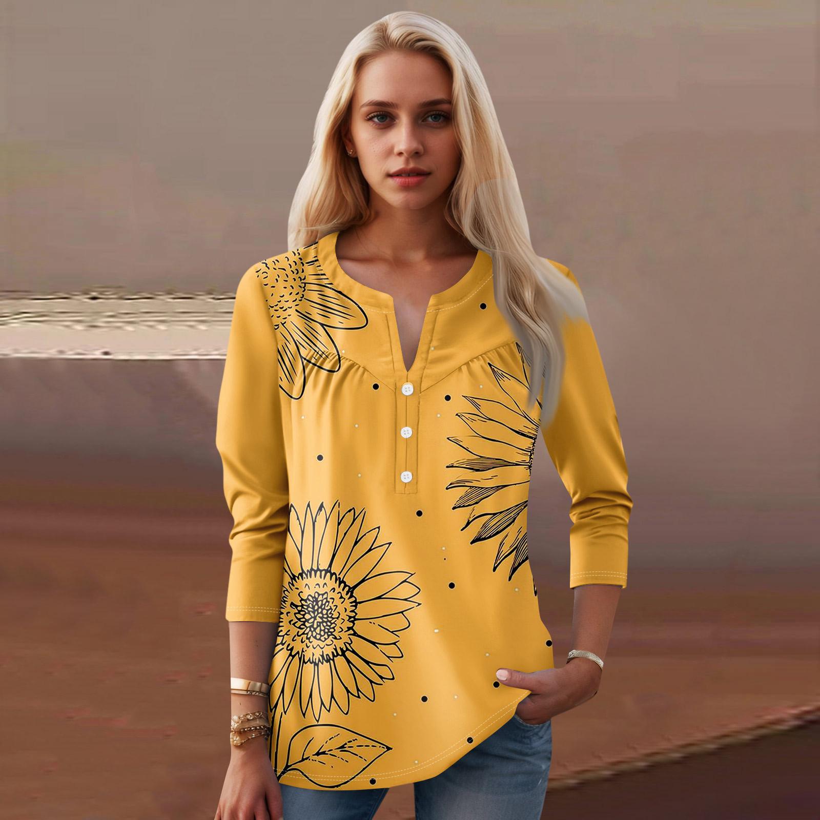 

Женская мода повседневный топ с длинным рукавом и круглым вырезом с цветочным принтом XL оранжевый