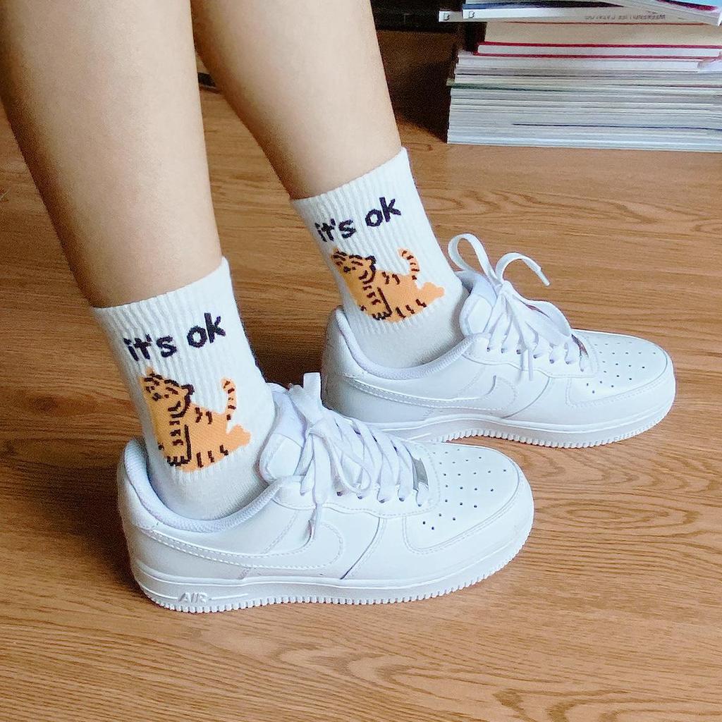 Women's Trendy Cartoon Tiger Kitten Mid-Calf Socks, Spring/Autumn