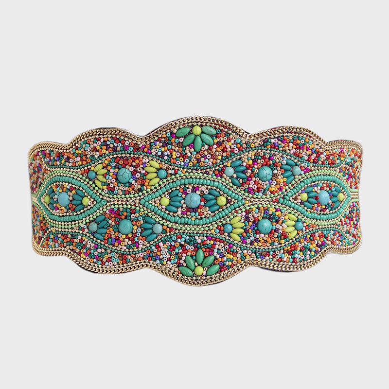 

A New Wide Belt for Women, A Handmade Bohemian-style Elastic Wide Waist Seal with Ethnic Style Heavy Industry Rice Beads