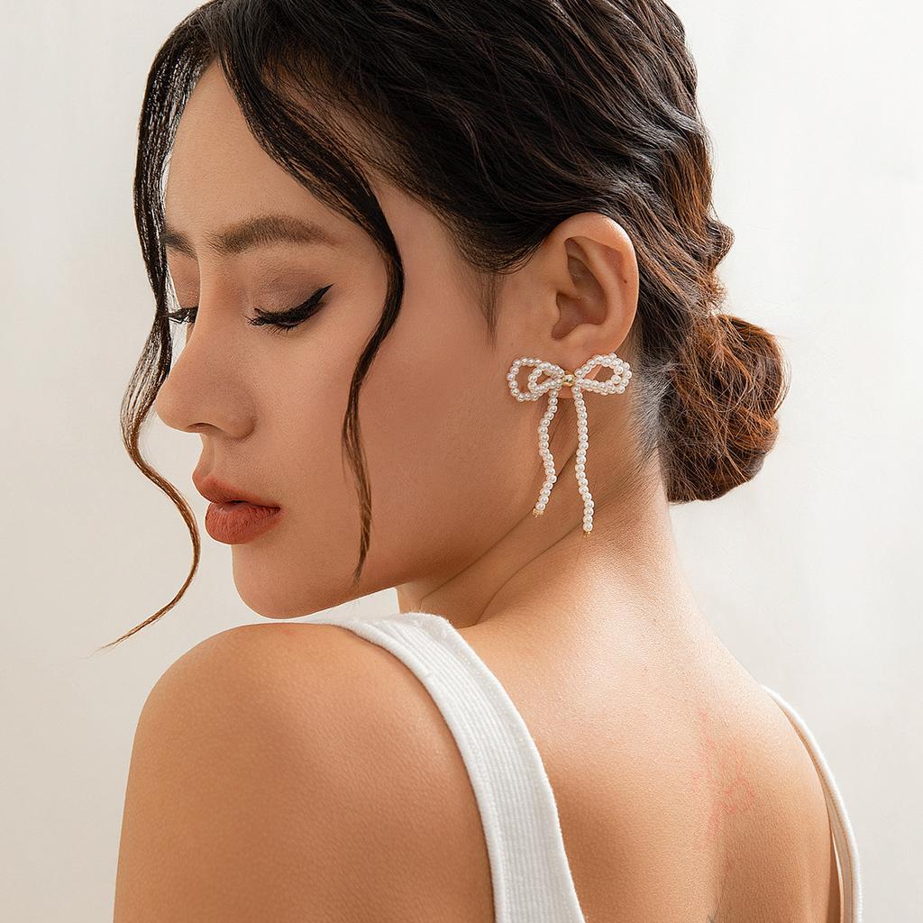 BowEarring Bow Stud Earrings, Butterfly Temperament Imitation Pearl Knotted Earrings Women