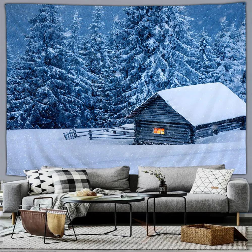 Winter Forest Snow Scene Tapestry Wall Hanging Christmas Tree Happy New Year Bedroom Living Room Home Decoration