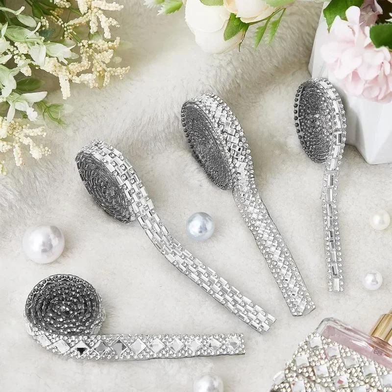 1Yard Glitter White Crystal Rhinestone Tape Trim Self-Adhesive Glass Appliques Diamond Sticker For Dress Shoe Adornment Ribbon