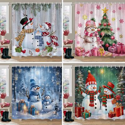 Christmas Snowman Shower Curtain Merry Santa Elf Deer Red Truck Polyester Fabric Printed Bath Curtains Bathroom Decor With Hoo
