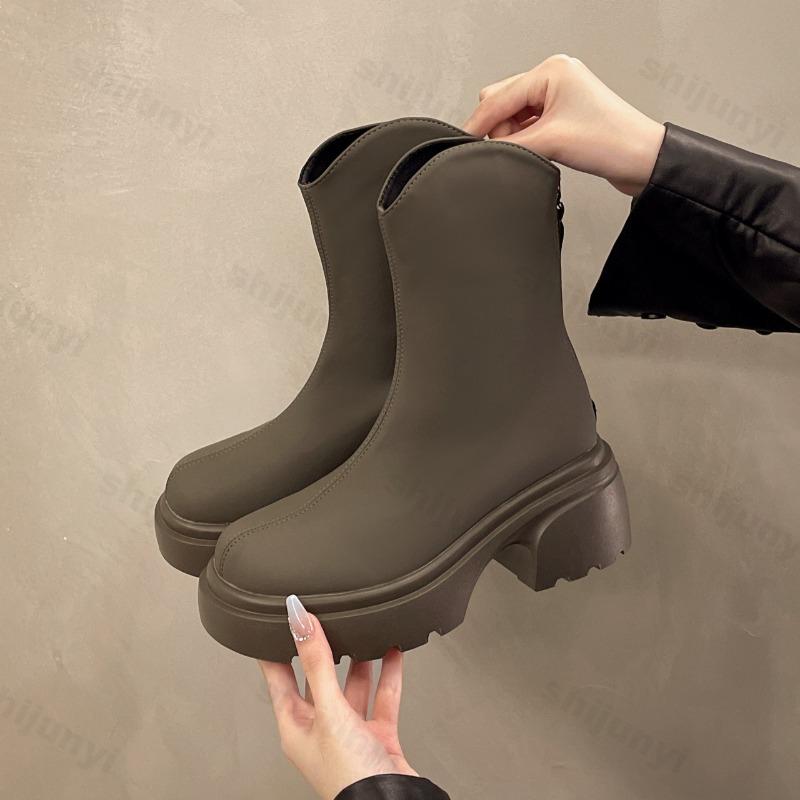 

Модные женские ботильоны из ПУ кожи 2025, массивные на платформе, женские ботинки на толстом каблуке с задней молнией, женские черные панк-ботинки, Botas Mujer 35