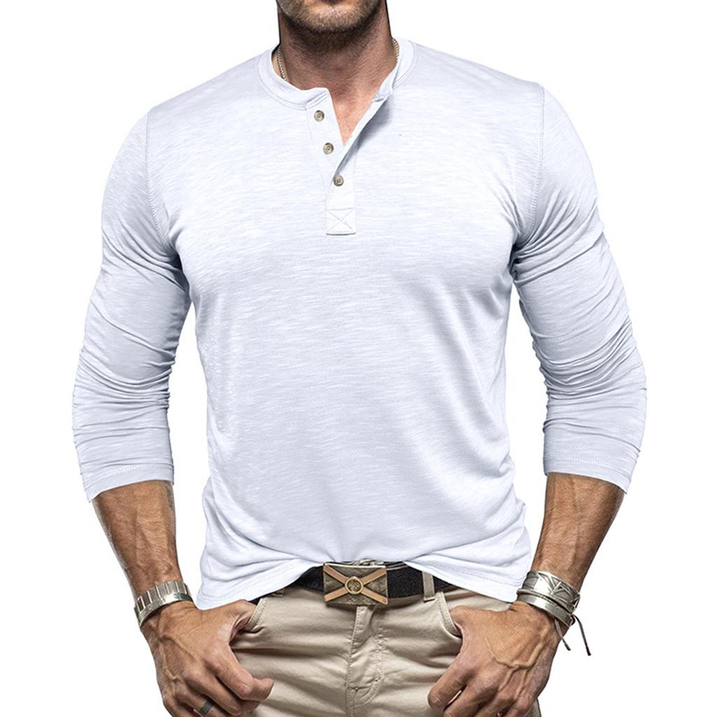 Men's Solid Color Casual Sports Round Neck Button Trendy Slim Fit Long Sleeve Top