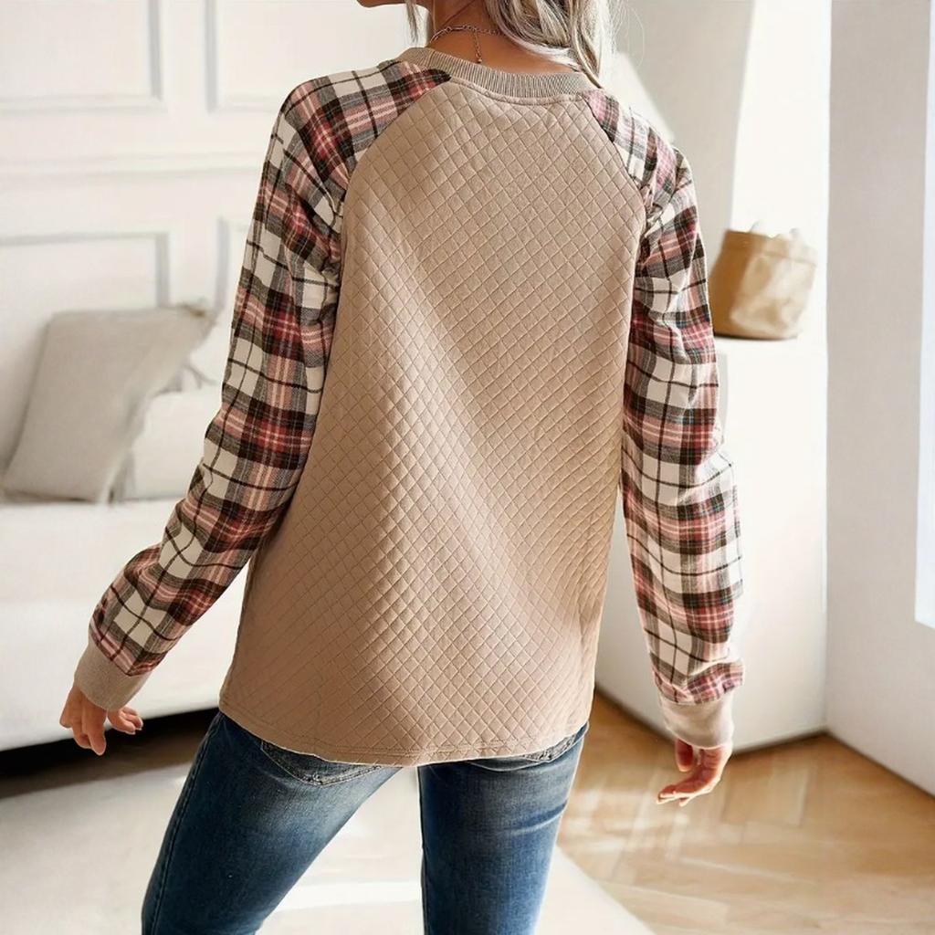 Ladies' Casual And Fashionable Diamond Patterned Patchwork Long Sleeved Round Neck Top