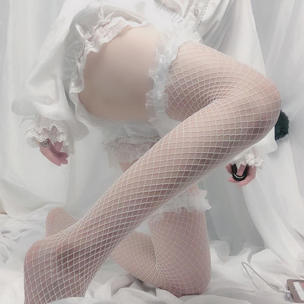 White Stockings Women's Lace Fishnet Stockings Lolita Long Tube Over Knee Summer Thin Jk Socks White