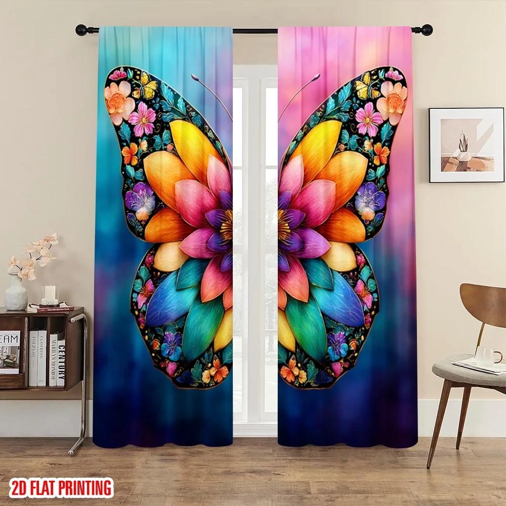 

Set Of 2 Floral Butterfly Curtain Design Drapes Polyester Window Decor Home With Rod Pocket Room Darkening W100*H70(CM)-Hooks&2PCS