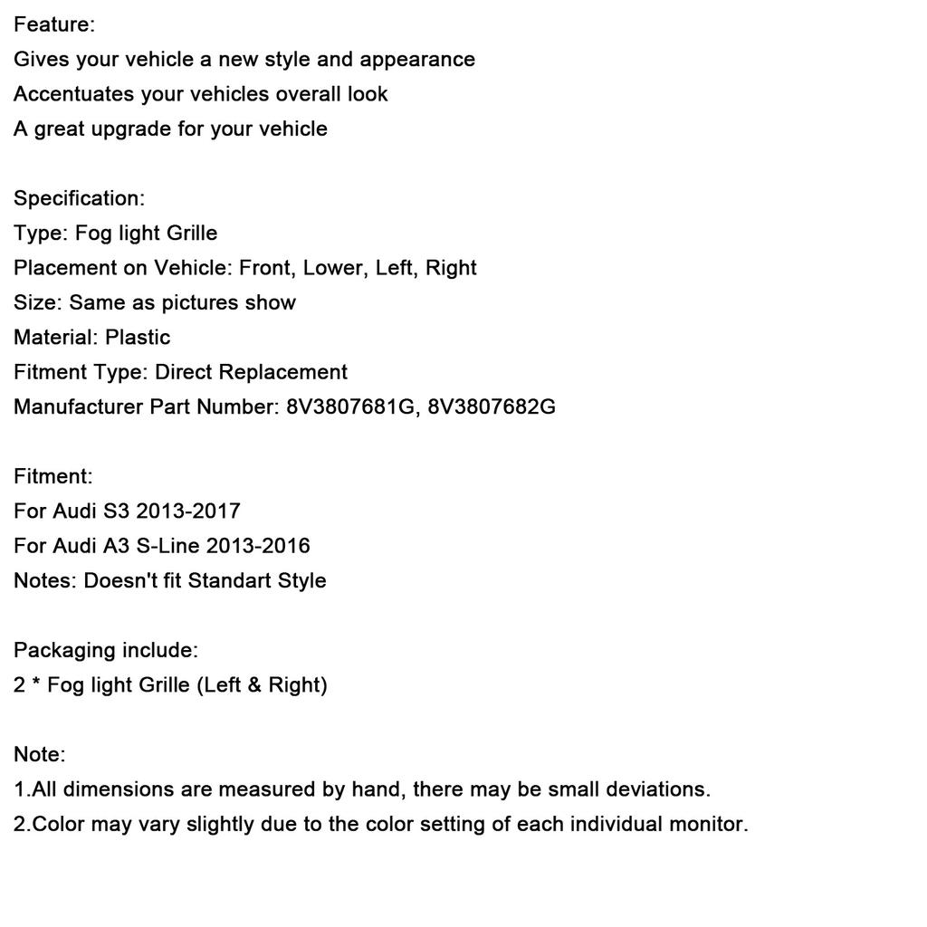 Nebelscheinwerferabdeckung Kühlergrill Stoßfänger unten vorne 8V3807681G 8V3807682G Passend für A3 S3 S-Line 2013-2016