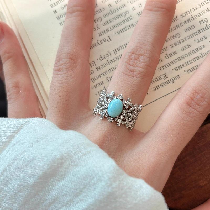 Vintage Medieval Light Luxury High-End Brushed Diamond-Set Turquoise Ring Niche Design Heavy Industry Wide Version Ring