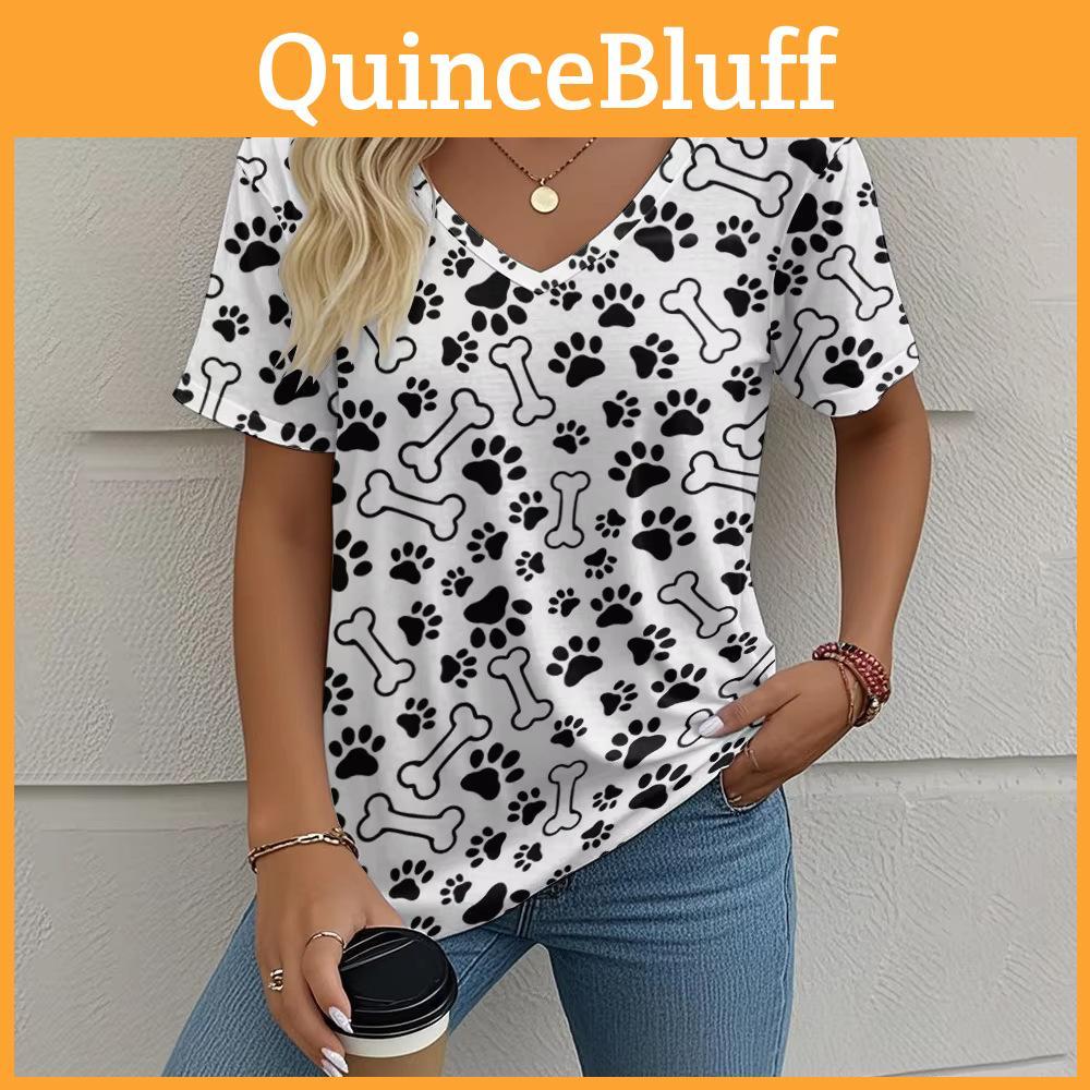 Summer Printed Cats Vneck 3d Paw Pattern Top Fashionable Casual Short Sleeved Womens Tshirts