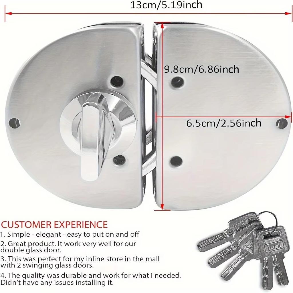 Nadaje się do szkła 1/2" o grubości 10 mm do 12 mm, stal nierdzewna, podwójny rygiel, obrotowy, przesuwny zamek do drzwi szklanych biurowych