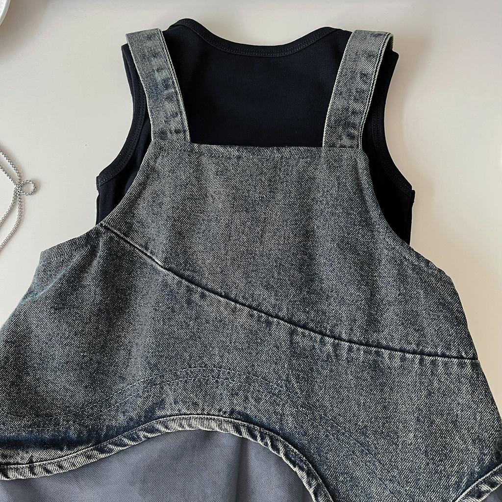 Girls' Summer Set Korean Denim Mesh Dress+vest Princess Two-piece Set Trendy