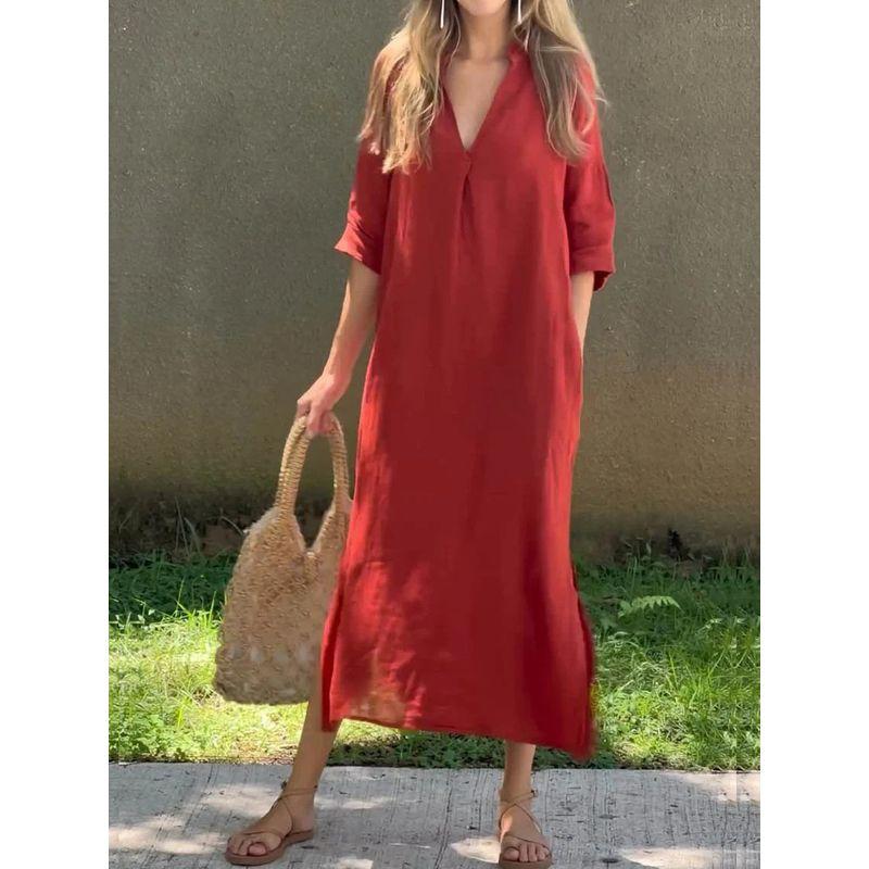 

Two Sided Slit Dress Women s Summer Best Selling Slits on Both Sides V Neck 7-Point Sleeve Chest Pleated Dress Red XL