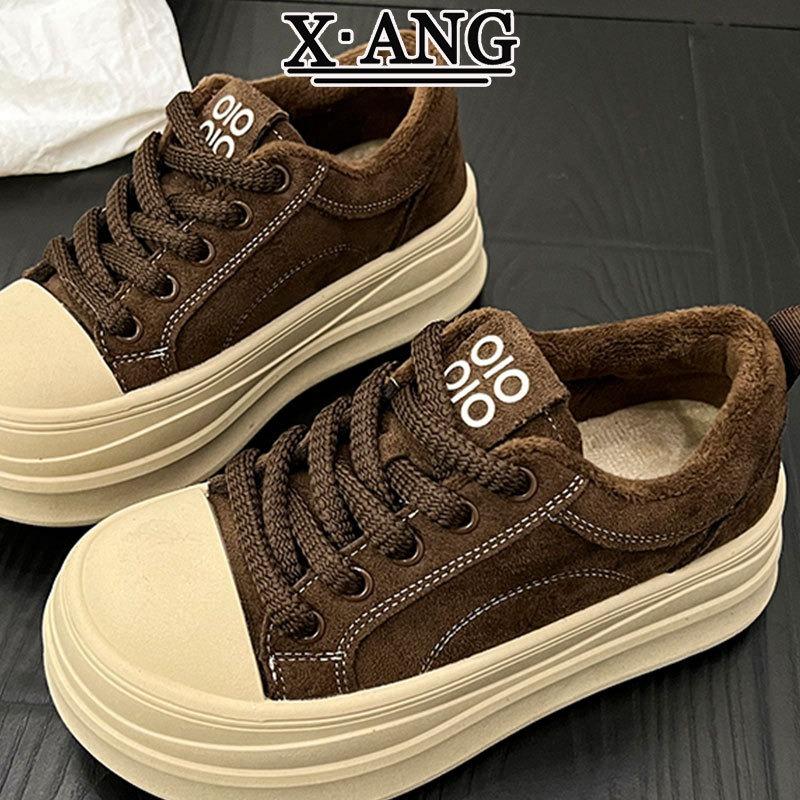 Leather platform heightening board shoes women's new autumn and winter velvet two cotton shoes bread shoes casual sports shoes
