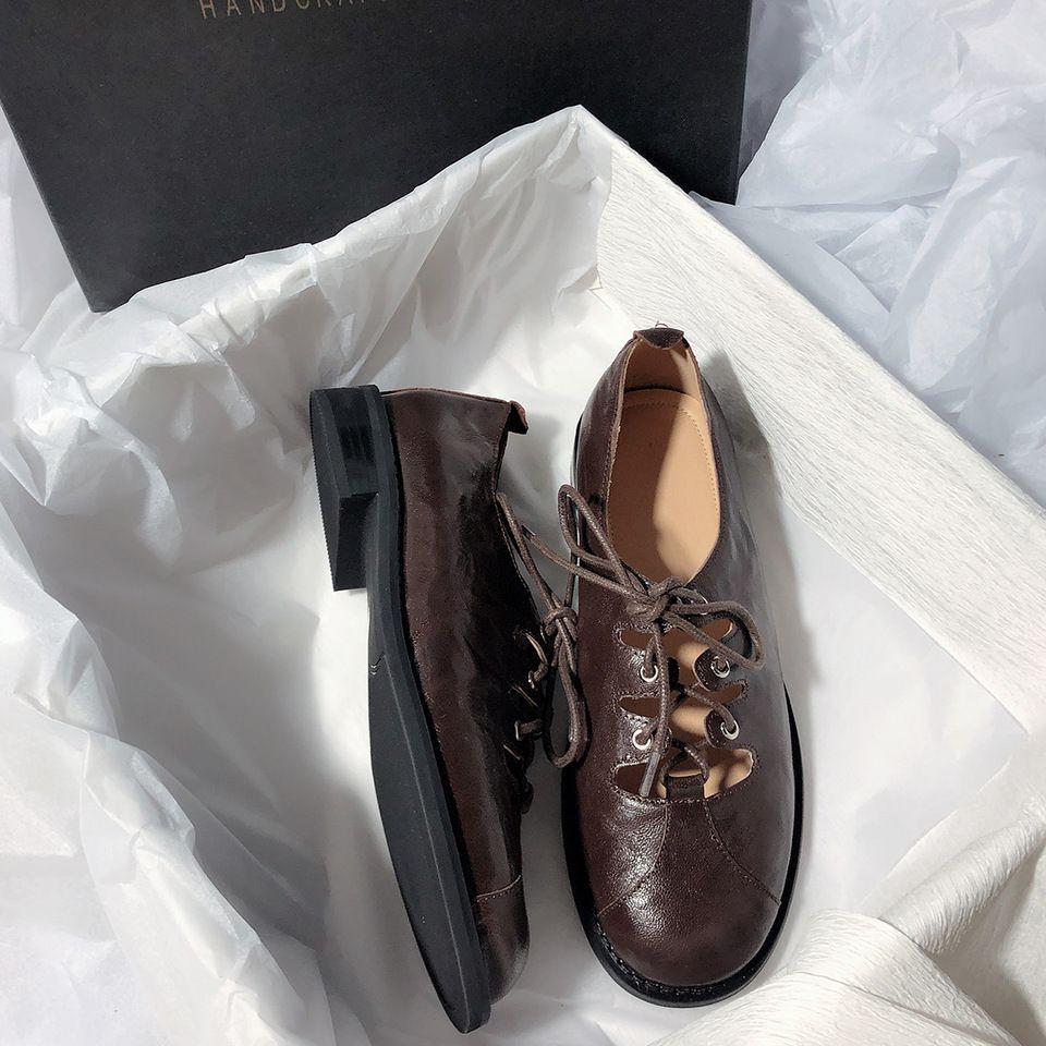 

Новая нишевая модная шнуровка, круглый носок, низкий каблук, темпераментные, удобные и простые маленькие кожаные туфли, трендовый крутой стиль, французские повседневные одинарные туфли 40 коричневый