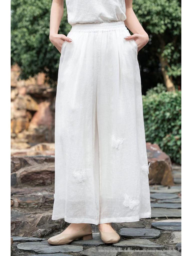 Artistic Retro High-Waisted Embroidered Ramie Pants - Spring 2026 Women's Casual Loose Straight-Leg Style.
