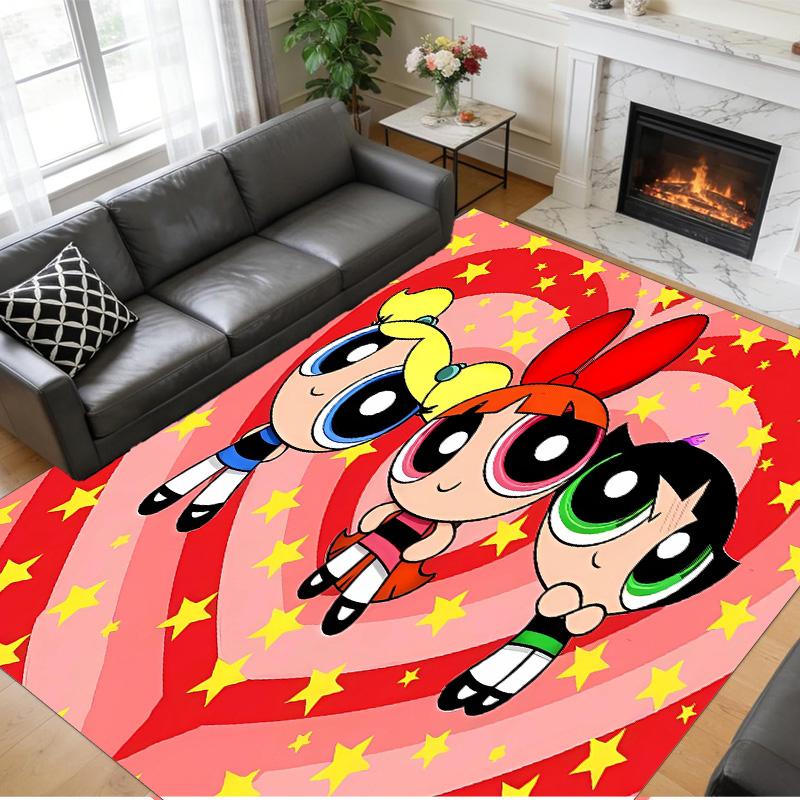 Anti‑Slip Crystal Velvet Floor Rug, The Powerpuff Girls Design Carpet for Indoor Living Bedroom Home Decoration