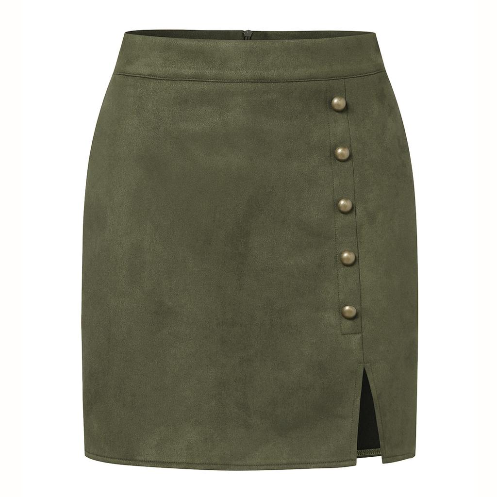 Women's Solid Color Suede Skirt High Waisted Metal Buckle Wrapped Hip Short Skirt Mini Skirt