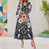 Plus Size Women V Neck Long Sleeve Black Purple Rose Printed A Line Midi Dress With Pockets