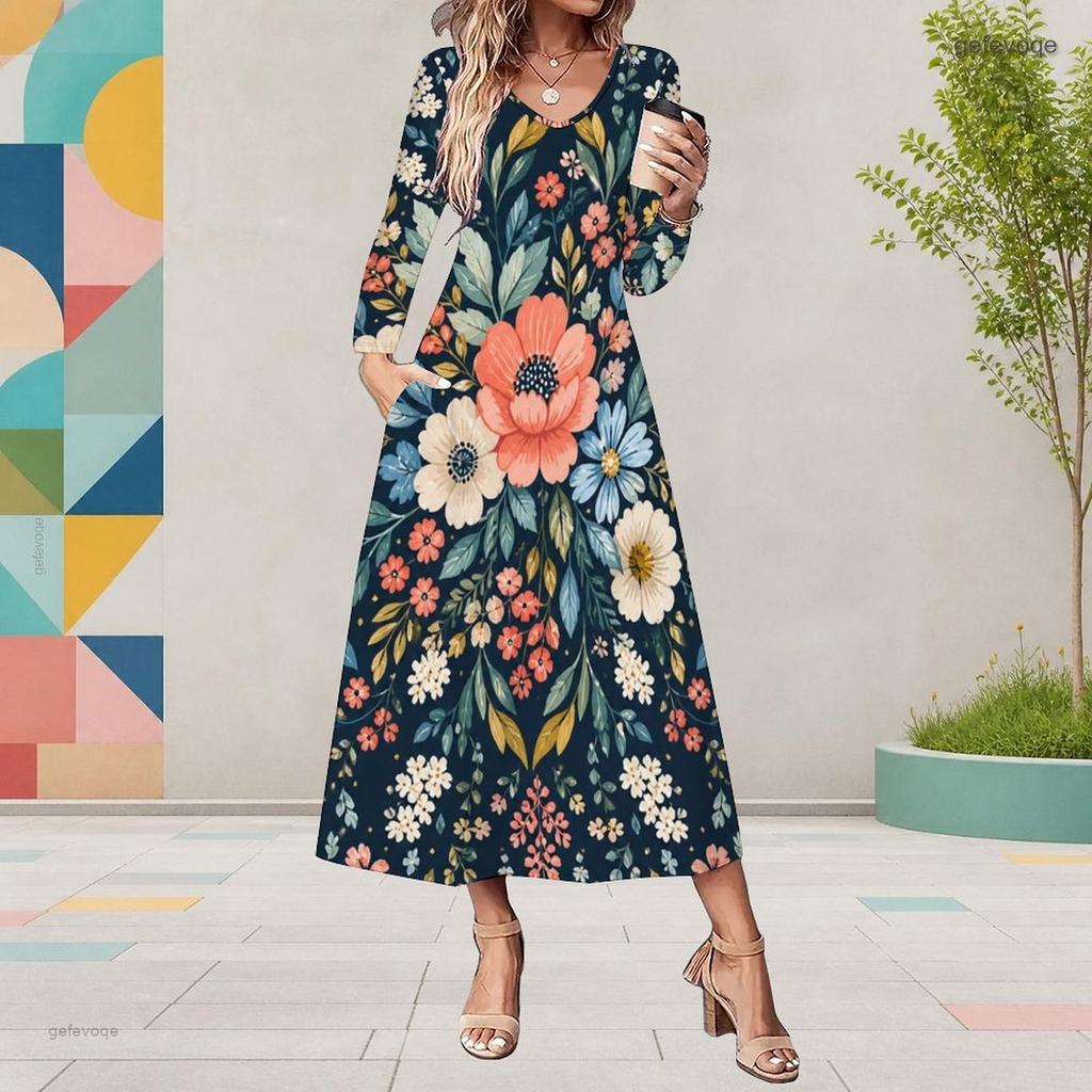 Plus Size Women V Neck Long Sleeve Black Purple Rose Printed A Line Midi Dress With Pockets