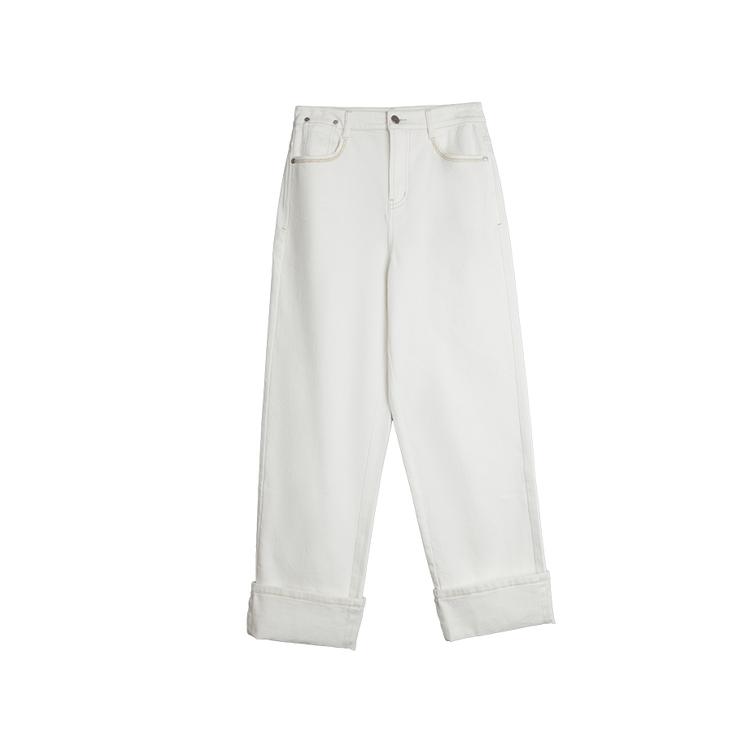 Elle French Design Solid Color Casual Straight Leg Jeans Women bottoms Off-White EQ50930