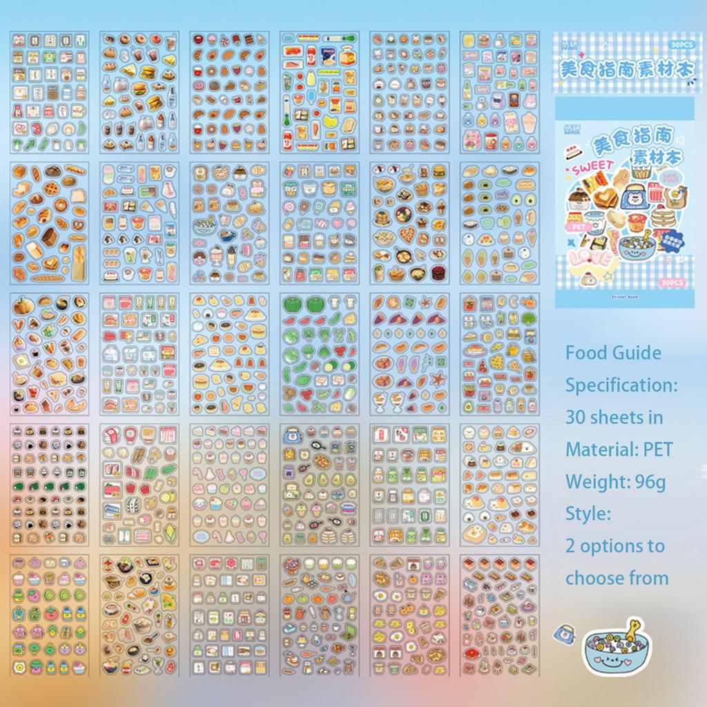 30 Sheets Notebook Decor Food Guide Series PET Stickers Sweet Dessert Scrapbooking DIY Decoration Stickers for Journal Craft