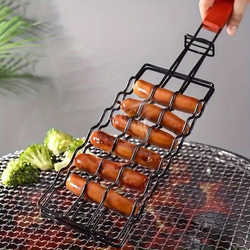Multifunctional Carbon Steel BBQ Sausage Grilling Basket Outdoor Camping Barbecue Tool With Heat Resistant Handle Meat Sausage