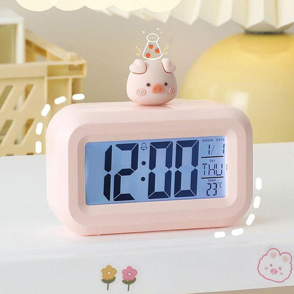 Kawaii Cartoon Pig LED Digital Clock Pink with Night Light Alarm Clock Cute Desktop Clock Student Dormitory2