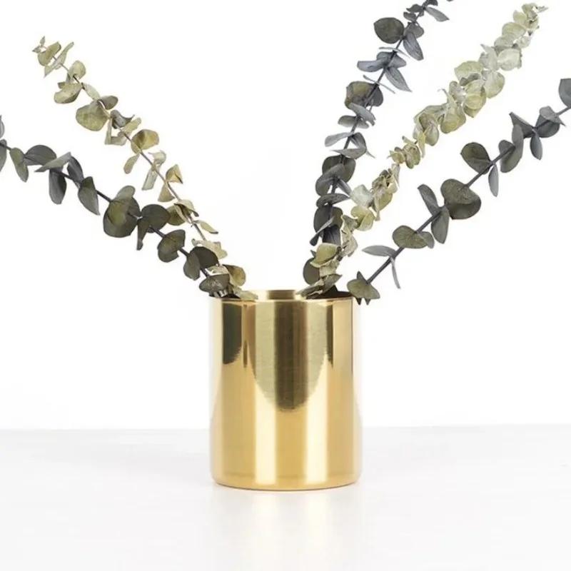 Gold Stainless Steel Round Pencil Case Metal Creative Storage Pencil Case Software Ornaments Vase Flower Arrangement