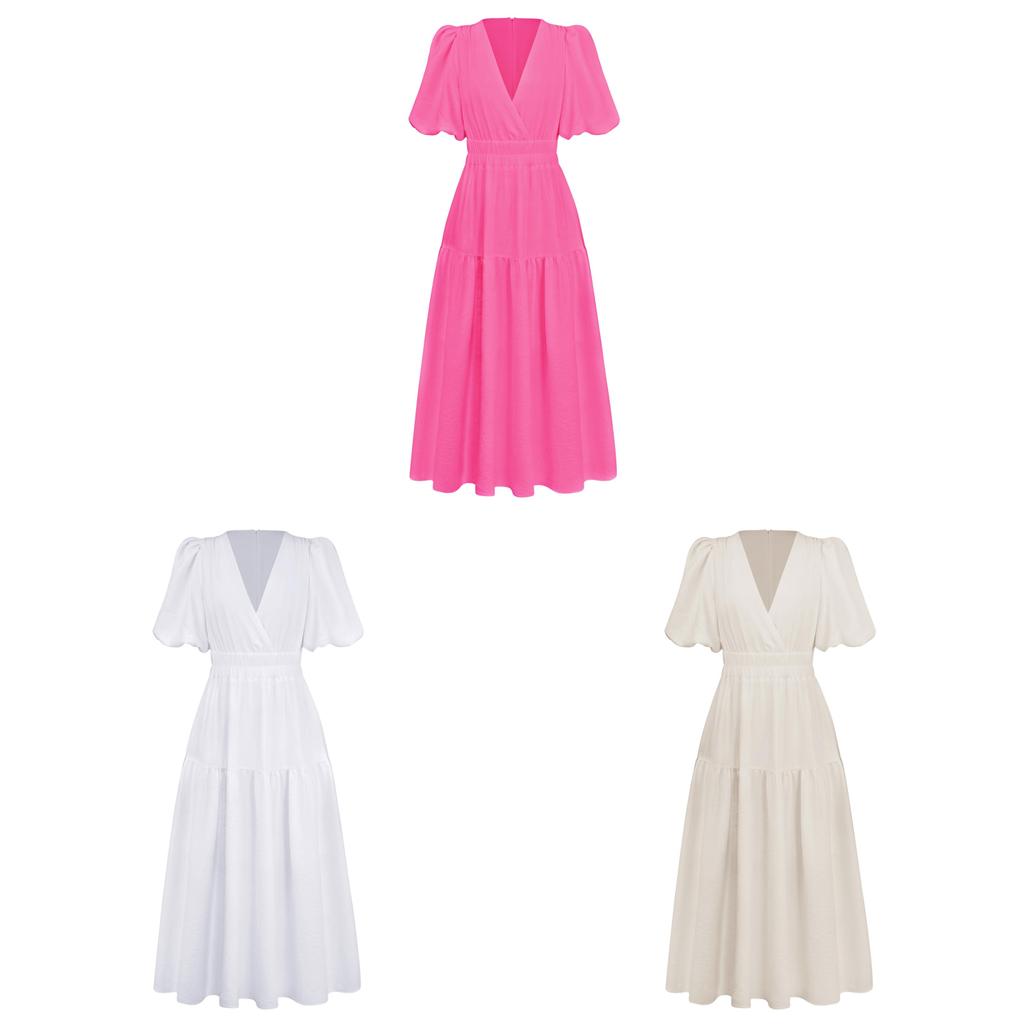 Summer Elegant Deep V Bubble Sleeve Maxi Dress With Pleated Fabric For Women