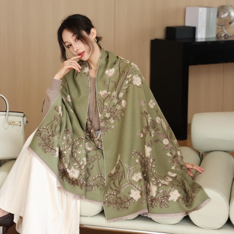 Gradual change flower imitation cashmere scarf women's high sense double-sided jacquard shawl retro scarf