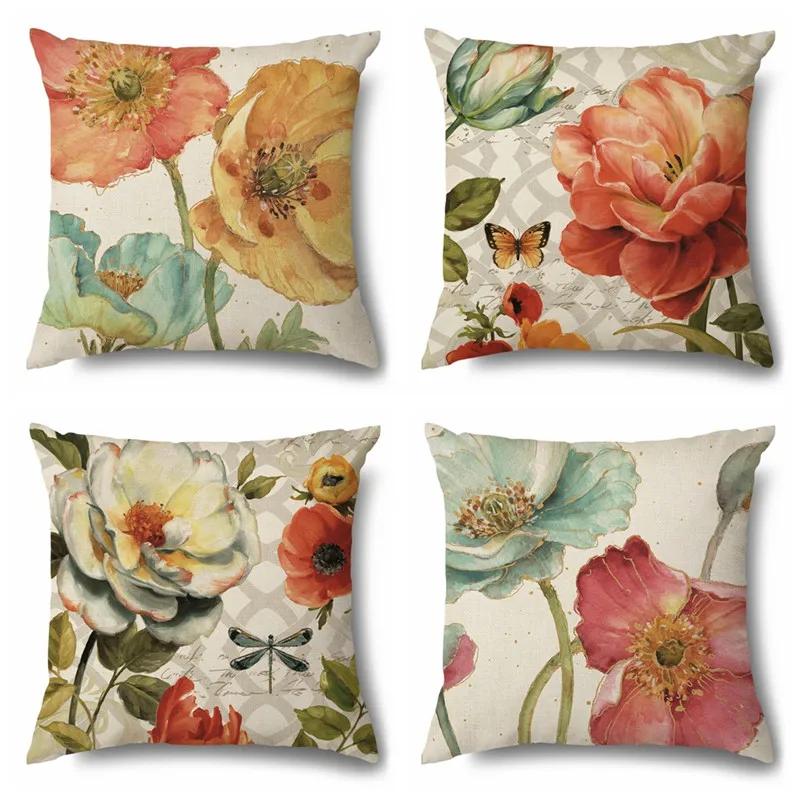 Federa Cuscino in Cotone e Lino con Stampa di Fiori di Rosa e Farfalle Copricuscino Decorativo per Divano in Soggiorno Moderno Copricuscino per Casa