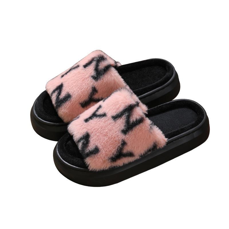 New autumn fluffy slippers women's thick bottom opening household indoor non-slip home plush cotton slippers