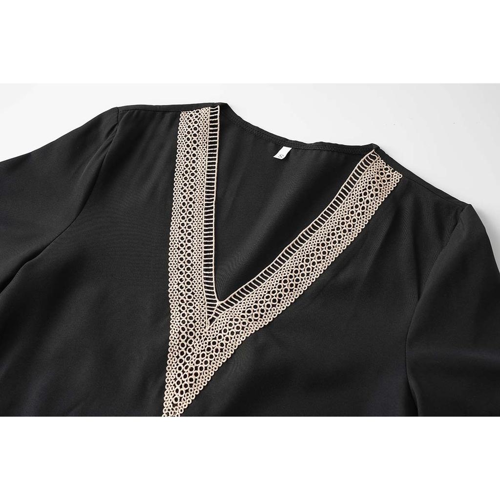 Summer Women's Lace Trim V-neck Short Sleeve T-shirt, European American Style Casual Tops For Women