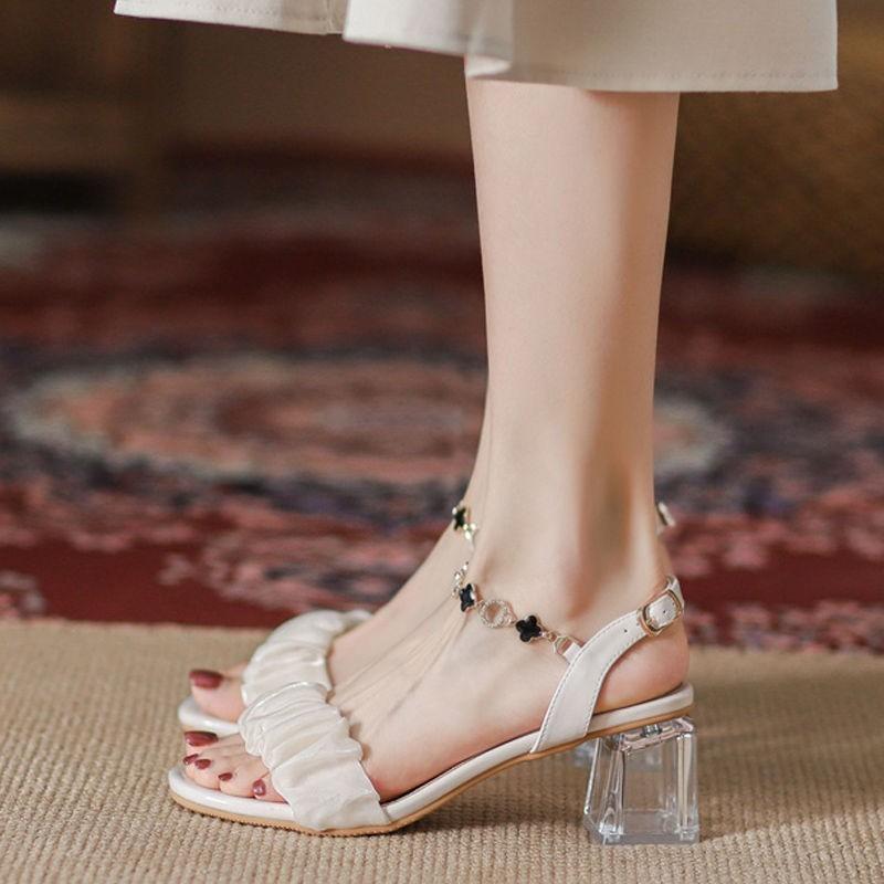 Women's Korean Style Crystal Heel Slingback Sandals - Lucky Clover Buckle Slides with Chunky Platform, Versatile Dress Shoes for Skirt Outfits