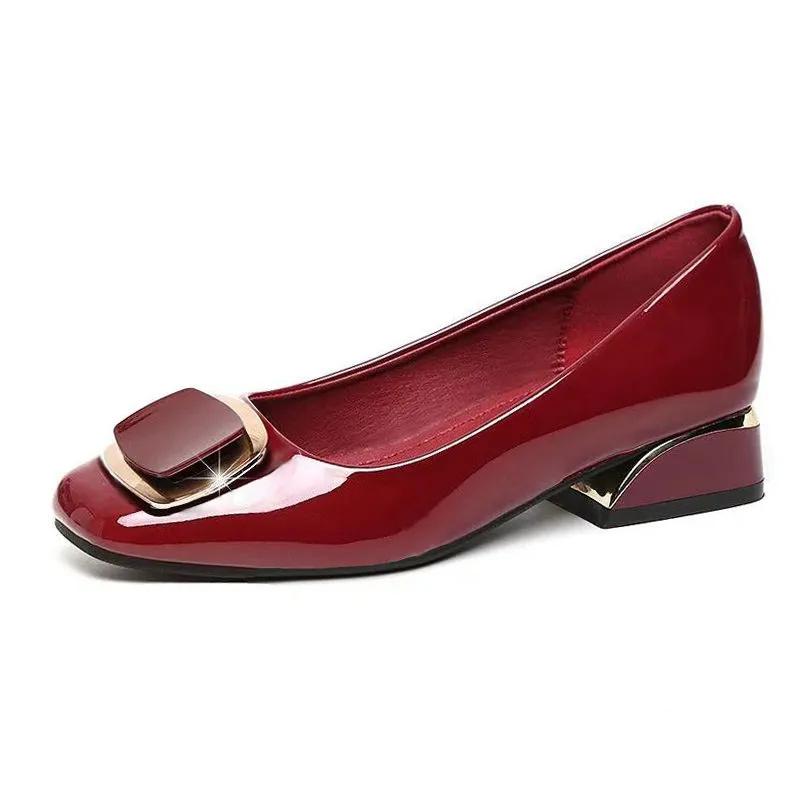 Damen Klassische Runde Zehenpartie Frühling & Sommer Quadratischer Absatz Schuhe Dame Schwarz Pu Leder Büro Pumps Sapatos Femininas A1333