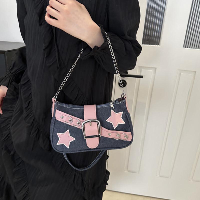 Borse a Tracolla Catena Y2K Hot Girl con Motivo a Stelle per Donna Borsa a Mano Nera Rosa Borsa di Lusso Designer Grunge Borsa a Tracolla Stile Gotico Motor
