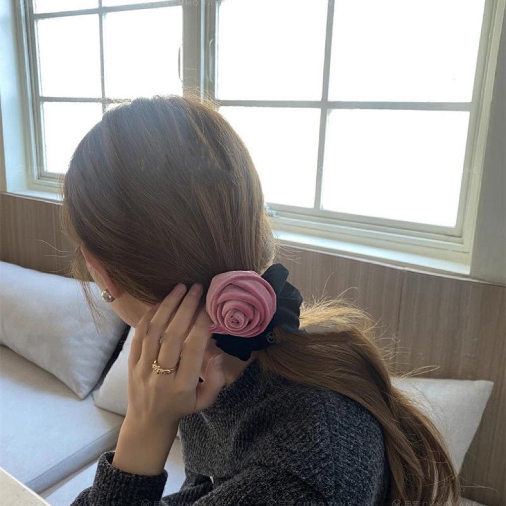 Velvet Floral Elastic Hair Tie Bun Ring - Korean Style for Women