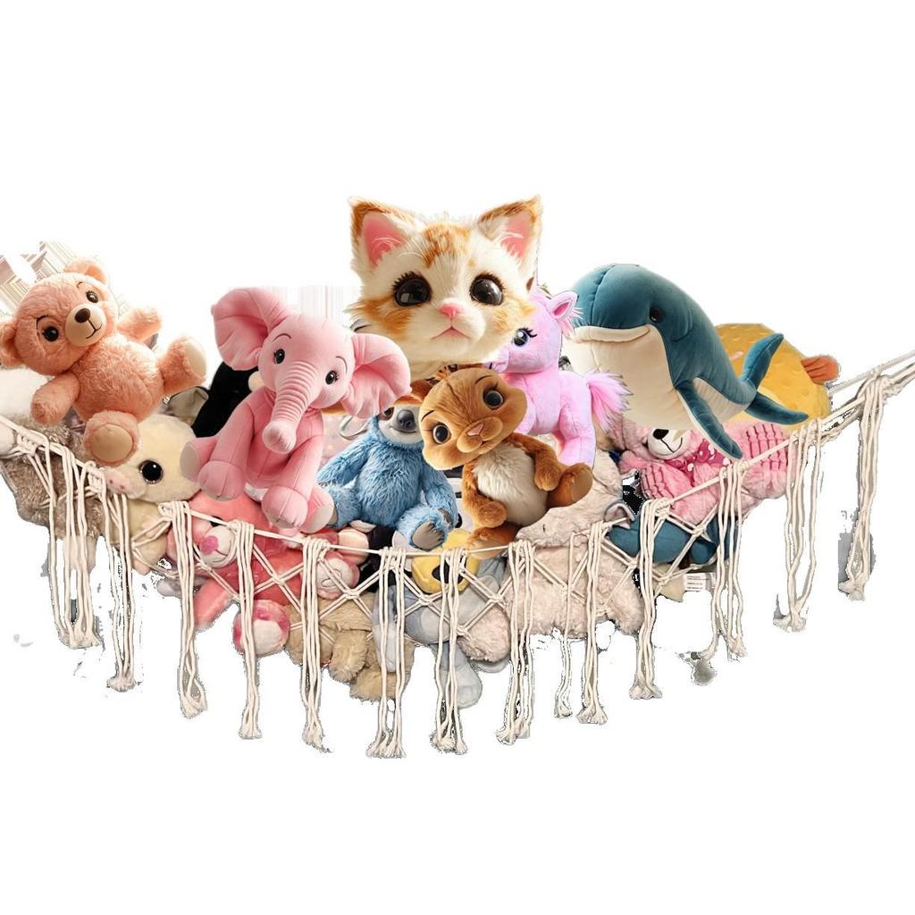 Corner Hanging Woven Cotton Rope Toy Storage Net with Tassels