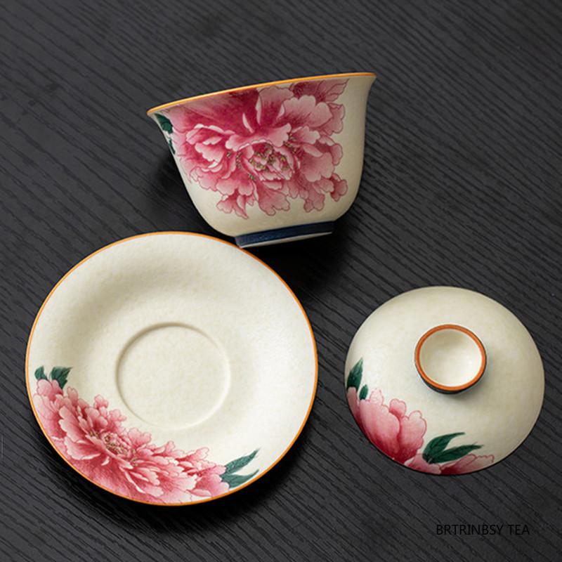 Chinese Traditional Ceramic Gaiwan Household Tea Tureen Handmade Flower Teacup Travel Portable Tea Set Teaware Accessories 110ml