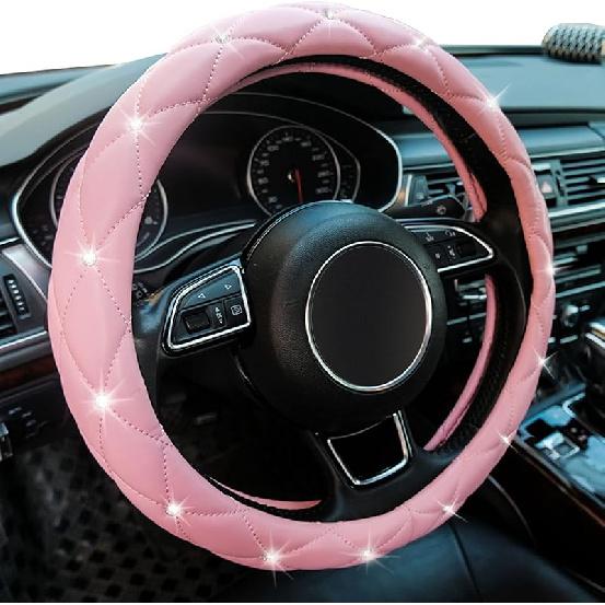 Xizopucy Red Steering Wheel Cover, Leather Car Steering Wheel Cover, Crystal Rhinestones Anti-Slip Soft Accessories For Women And Girl Universal Fit