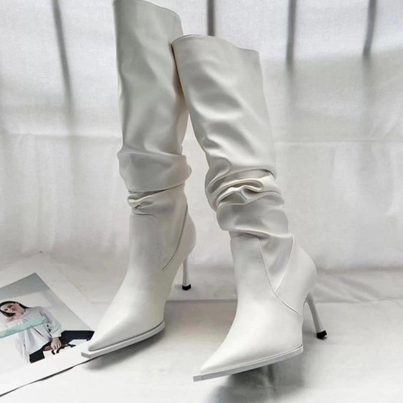 Fashion Comemore Autumn Winter Women's Boots New Pointed High Heels Sexy Pleated Thin Heels Female Fashion Versatile Mid Length Boots