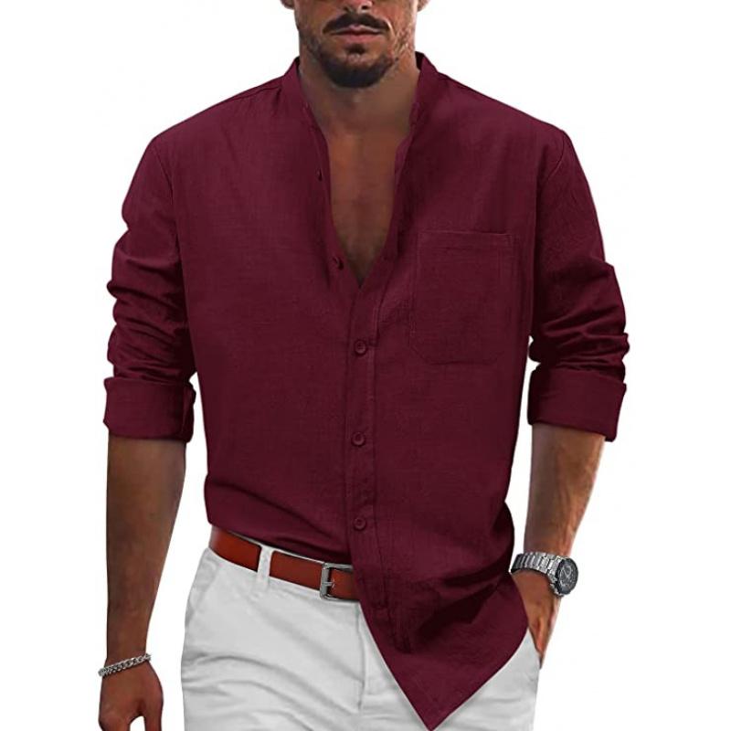 Men Latest Popular Casual Button-Up Long-Sleeve Cotton-Linen Shirt Beach Shirt Casual Shirt